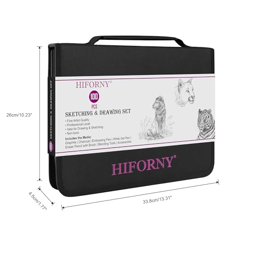 HIFORNY 100 PCS Drawing Set Sketching Kit,Sketch Pencils Art Supplies with Graphite,Charcoal,Blending Tools & Accessories,Portable Zippered Travel Case for Artists & Beginners