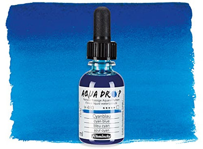 Schmincke - AQUA DROP, liquid, pigment-based watercolour, cyan blue in 30 ml pipette bottle, 24480034, for watercolorpainting, urban sketching, calligraphy, handlettering, lightfast - color: 480 cyan blue