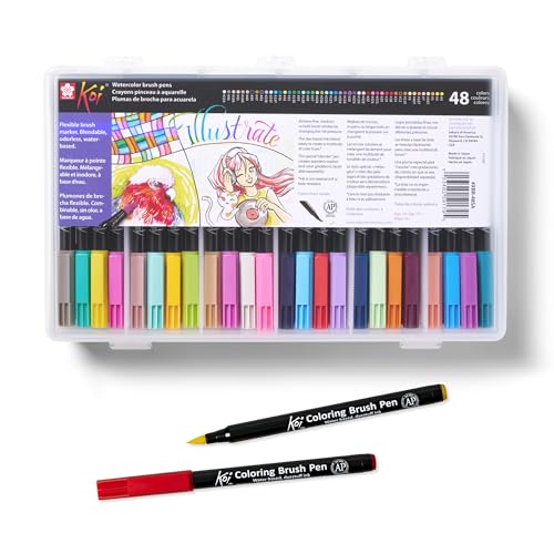 SAKURA XBR-48SA 48-Piece Koi Assorted Coloring Brush Pen Set | Watercolor Brush Pen Set, Blends and Layers Colors Smoothly, Odorless Water-Based Ink - color: 48 Color Set