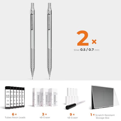2PCS Metal Mechanical Pencil Set, 0.5mm+0.7mm, Storage Case, Silver | 360PCS HB Lead Refills, 3 Erasers, 9 Eraser Refills, for School Writing, Sketching, Technical Drawing, Art Projects - color: Silver