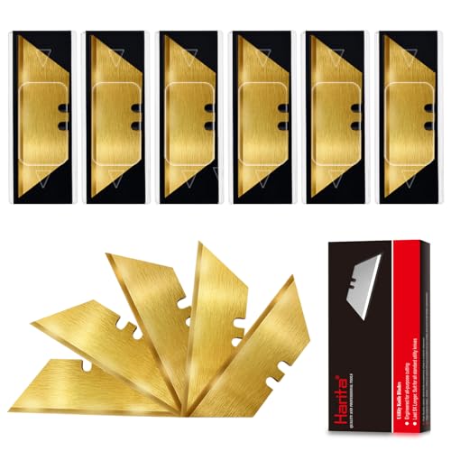 Harita Utility Knife Blades, 60 Pack Standard Replacement Blades for Heavy Duty Utility Knives and Box Cutters, SK2 Razor Blades, Titanium Fully Plated, Never Rust, Extra Durable - color: Gold, size: 60 Pack