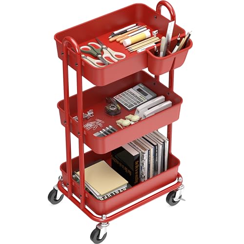 Simple Houseware 3-Tier Rolling Utility Cart with Hanging Bucket, Red - color: Red, size: 3-Tier