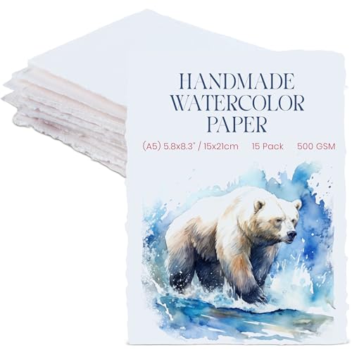 Wanderings Thick Handmade Watercolor Paper with Deckled Edge A5-5.8" x 8.3" - 500GSM Premium White Cold -Pressed Textured Mixed Media Paper Made with Recycled Cotton - 15 Loose Leaf Sheets - color: White, size: 5.8x8.3 inches