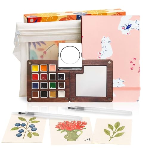 Mini Watercolor Paint Set - 15 Color Travel Watercolor Kit, Pocket Watercolor Paint Palette Set with Watercolor Book, Binder Clips, Pens, Storage Bag, Wooden Paint Box for Painters Artists Student - color: Pink Cat