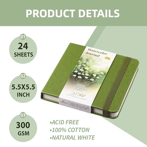 TX Liteart Watercolor Sketchbook, 5.5" x 5.5", 300 GSM Cold Press, Cotton | Green, 24 Sheets, 48 Pages. Pure Cotton, 140Lb Heavyweight Pad For Mixed Media, Watercolor Journal for Travel Sketching