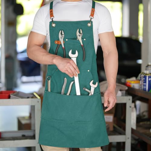 Aoomzoon Canvas Aprons for Men Chef Apron, Work Apron with Large Pockets - 16oz Heavy Duty Cross Back, BBQ, Cooking - color: Green