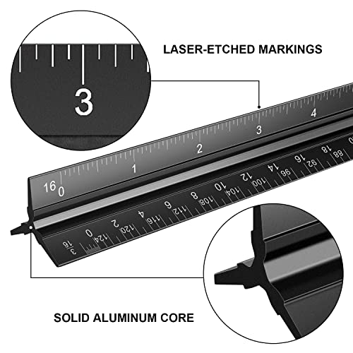 Architectural Scale Ruler Set, 2 Pack 12 Inch Aluminum Architect Ruler with Standard Metal Ruler, Imperial Architect Triangular Ruler with Etching for Architects, Engineers, Students and Draftsman - color: Black Silver