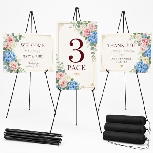 3 Pack Easel Stand for Sign, 63 Inch Portable Display Easel Stand, Black Metal Floor Easel for Wedding Welcome Sign, Poster Board, Party, Presentation, Event Display with Storage Bags