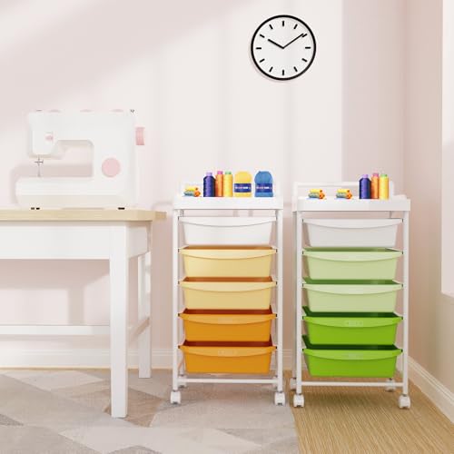 5 Drawers Plastic Rolling Storage Cart with Wheels, Teacher Supply - color: Orange
