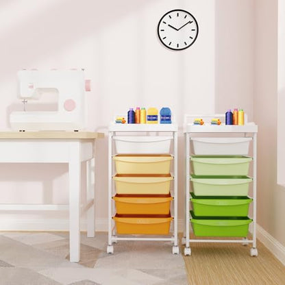 5 Drawers Plastic Rolling Storage Cart with Wheels, Teacher Supply - color: Green