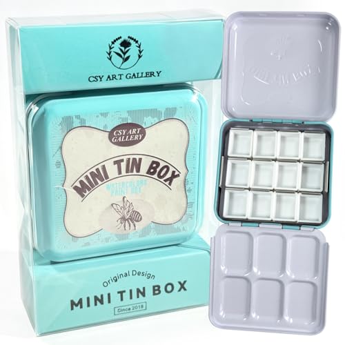 Watercolor Mini Palette Tin Box with 12 Half Pans Metal Art Paint Mixing Tray for Travel, Painting, Watercolor Mixing, Art Class and Studio Use (02 Blue-Green) - color: 02 Blue-green