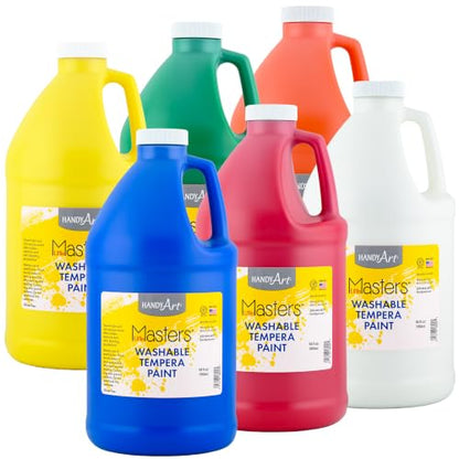 Handy Art Little Masters Washable Tempera Paint, Set of 6 Half Gallon, 64 oz Bottles, Bright & Mixable, High Opacity, Washable Colors for Classroom, Students, Kids, Safe & Non-Toxic, Made in USA - style: 64 Fl Oz Primary Set of 6