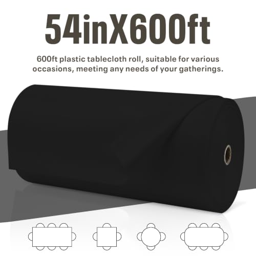 54IN X 600FT Plastic Table Cover Roll with Cutter Box, Cut to Size Plastic Table Cloths for Parties, Birthday, (Black, 54"x7680"(Rectangular)) - color: Black, size: 7680" x 54" (Rectangular)