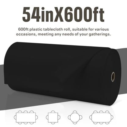 54IN X 600FT Plastic Table Cover Roll with Cutter Box, Cut to Size Plastic Table Cloths for Parties, Birthday, (Black, 54"x7680"(Rectangular)) - color: Black, size: 7680" x 54" (Rectangular)