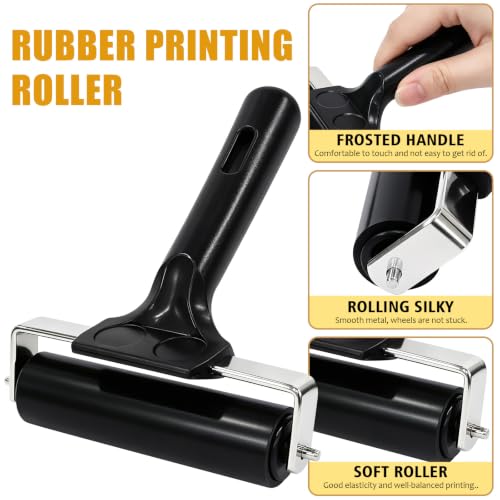 Hzampsun 8 Sets Brayer Roller,Black Rubber Printmaking Roller with Comfort Grip Handle,Professional Stainless Steel Core Brayer Rollers for Printing Painting Crafting Gluing Stamping Tools