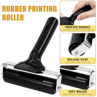 Hzampsun 8 Sets Brayer Roller,Black Rubber Printmaking Roller with Comfort Grip Handle,Professional Stainless Steel Core Brayer Rollers for Printing Painting Crafting Gluing Stamping Tools