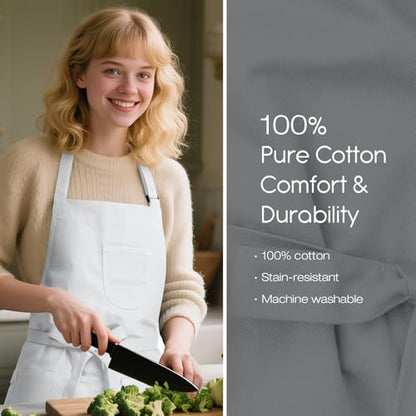 Unisex Apron with Pockets for Cooking, Salon & Art - 100% Cotton Adult Kitchen, Chef, Stylist Apron (White) - color: White