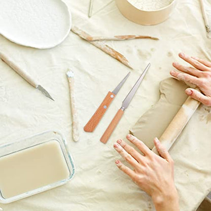 Healifty Clay Fettling Knife Set 2-Piece Wooden Handle Carving Tools for Pottery Sculpting Modeling Wax Carving Craft Cutter Tool for Ceramics and DIY Projects 8.26In
