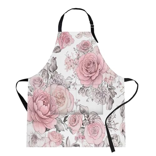 Apron with Pockets, 32x28 inch, for Women Men, Pink Flowers | Floral Watercolor Leaves Waterproof Adjustable Bib Aprons for Kitchen Cooking Baking Painting Gardening - color: Peony 2