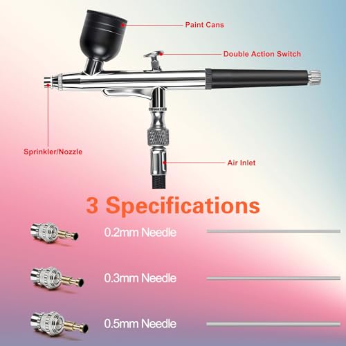 Airbrush Kit with Air Compressor, 22/30/50 PSI High Pressure Air Brush Non-Clogging with 0.2/0.3/0.5mm Nozzle/Cleaning Sets, Ideal for Painting, Modeling, Cake Decor, Makeup,Nail Art