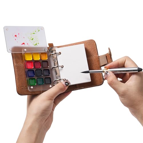 Fuumuui Mini Watercolor Travel Set, 12-Color Watercolor Paints Kit & 100% Cotton Cold Press 300gsm with Dual-Tip Brush – Plein Air Painting Supplies for Artists, Beginners, Journaling - size: Samll