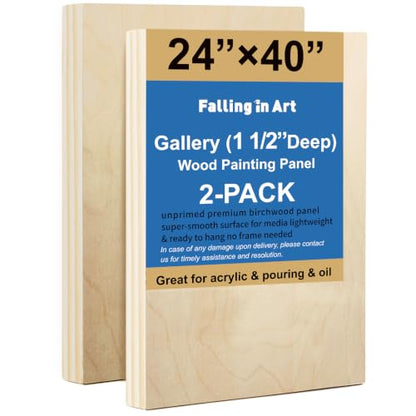 2 Pack 24x40'' Unfinished Gallery Birch Wood Canvas Panels | 1 1/2’’ Deep Wood Canvas, Cradle Boards for Painting, Acrylic Pouring, Art, Crafts, Epoxy Resin, Laser Engraving Cutting - size: 24*40 2 Pack