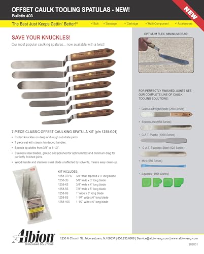 Albion Engineering 1258-3S Tapered Classic Offset Caulk Tooling Spatula, Stainless Steel, Hardwood Handle, 5/8" Wide Tapered Tip x 3" Long Blade - size: 5/8" Wide Tapered Tip x 3" Long Blade, style: Single