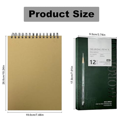 Sketchbook and Pencil Set - Spiral Bound Hardcover with 60 Sheets & 12 Charcoal Pencils (Hard/Medium/Soft) for Professional Artists and Beginners - color: Kraft paper color