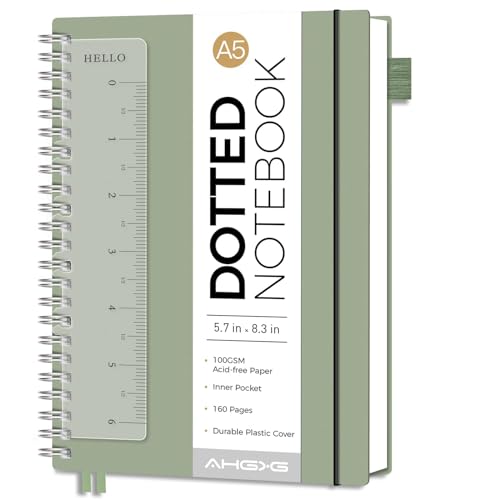 AHGXG Dotted Journal, Grid Spiral Notebook, 160 Pages, A5 (5.7" x 8.3") | 100 GSM Thick Dot Paper, Waterproof Plastic Cover Journals for Journaling, Sketching (Sage Green) - color: Sage Green, style: A5-Dotted