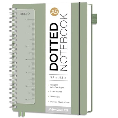 AHGXG Dotted Journal, Grid Spiral Notebook, 160 Pages, A5 (5.7" x 8.3") | 100 GSM Thick Dot Paper, Waterproof Plastic Cover Journals for Journaling, Sketching (Sage Green) - color: Sage Green, style: A5-Dotted
