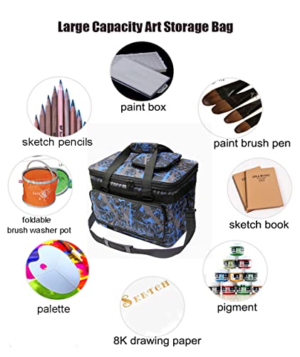 Art Supplies Organizer Bag Craft Tool Storage Tote Arts and Crafts Carrying Case Artist Travel Carrier Bag with Headband Waterproof Paint Box Foldable For Drawing Sketch Painting Sewing Large Capacity - color: camo blue