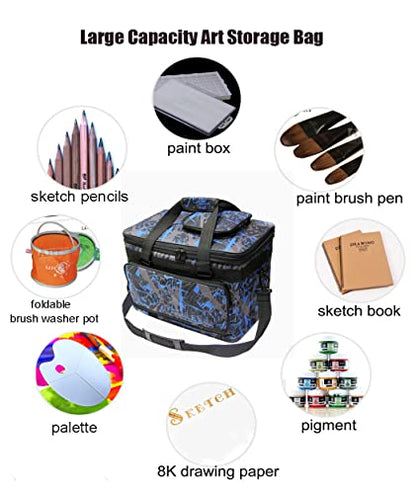 Art Supplies Organizer Bag Craft Tool Storage Tote Arts and Crafts Carrying Case Artist Travel Carrier Bag with Headband Waterproof Paint Box Foldable For Drawing Sketch Painting Sewing Large Capacity - color: camo blue