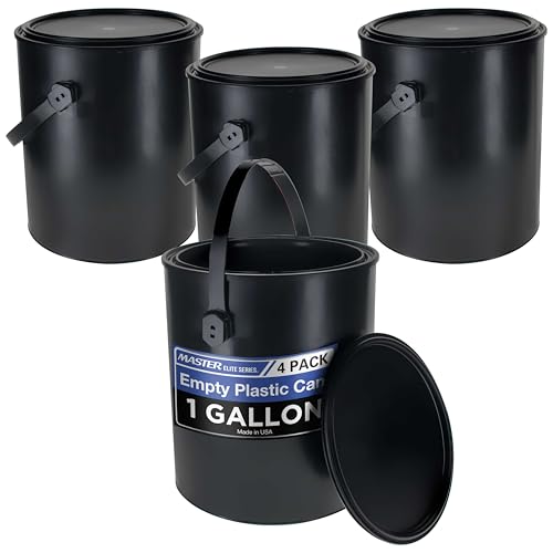 Master Elite 1 Gallon Plastic Paint Can Bucket, Pack of 4 - Triple Lock Airtight Lid Seal, 128 fl. oz. All-Plastic Coating Storage Can - Pail Handle, Rust Proof, Dent Proof & Odor Resistant - size: Gallon