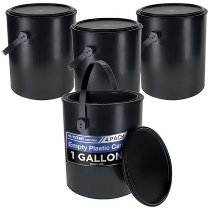 Master Elite 1 Gallon Plastic Paint Can Bucket, Pack of 4 - Triple Lock Airtight Lid Seal, 128 fl. oz. All-Plastic Coating Storage Can - Pail Handle, Rust Proof, Dent Proof & Odor Resistant - size: Gallon