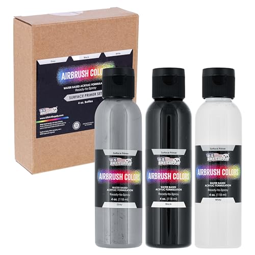 U.S Art Supply Black, White, Gray Surface Primer Airbrush Paint, 3 Color Set, 4 oz - Ready-To-Spray, Water-Based Acrylic Polyurethane - Artist Priming, Plastic, Metal, Canvas, Wood, Hobby Models Craft - color: Assorted