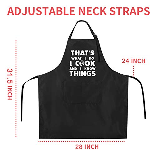 Rosoz Funny BBQ Black Chef Aprons for Men, Adjustable Kitchen Cooking Apron | I Cook and I Know Things, Adjustable, 2 Pockets, Long Ties, Waterproof Oil Proof , Husband Dad Papa Grilling Gifts
