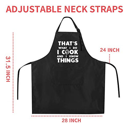 Rosoz Funny BBQ Black Chef Aprons for Men, Adjustable Kitchen Cooking Apron | I Cook and I Know Things, Adjustable, 2 Pockets, Long Ties, Waterproof Oil Proof , Husband Dad Papa Grilling Gifts