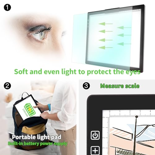 Rechargeable A4 Light Pad - Stepless Dimmable 6 Levels Brightness Tracing Light Box, Diamond Painting Light Board with Top Clip, Battery Powered Portable Light Pad for Weeding Vinyl Tracing - style: A4 Rechargeable(Black)