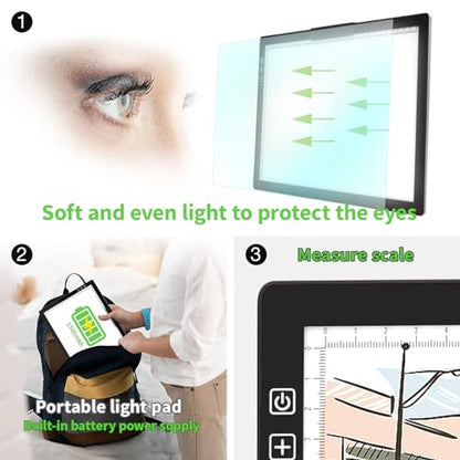 Rechargeable A4 Light Pad - Stepless Dimmable 6 Levels Brightness Tracing Light Box, Diamond Painting Light Board with Top Clip, Battery Powered Portable Light Pad for Weeding Vinyl Tracing - style: A4 Rechargeable(Black)