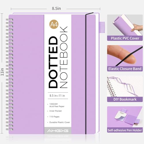 AHGXG Dotted Journal, Grid Spiral Notebook, 110 Pages, A4 (8.5" x 11") | 100 GSM Thick Dot Paper, Waterproof Plastic Cover Journals for Journaling, Sketching (Purple) - color: Purple, style: A4-Dotted
