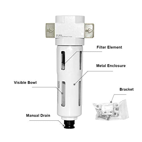 Beduan 3/8" Air in-line Compressed Particulate Filter,Moisture Water Trap Filter With Visible Bowl,Semi-Auto Drain(MINI) - size: 3/8"