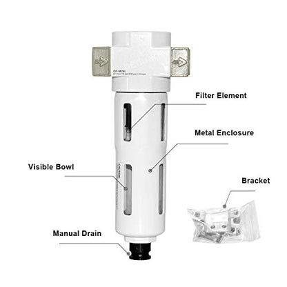 Beduan 3/8" Air in-line Compressed Particulate Filter,Moisture Water Trap Filter With Visible Bowl,Semi-Auto Drain(MINI) - size: 3/8"