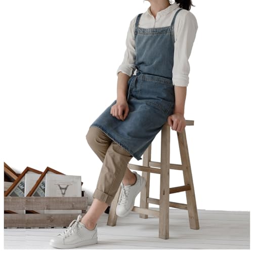 Cross Back Denim Apron with Large Pockets for Men and Women Soft and Unisex - color: Style a - Deep Blue