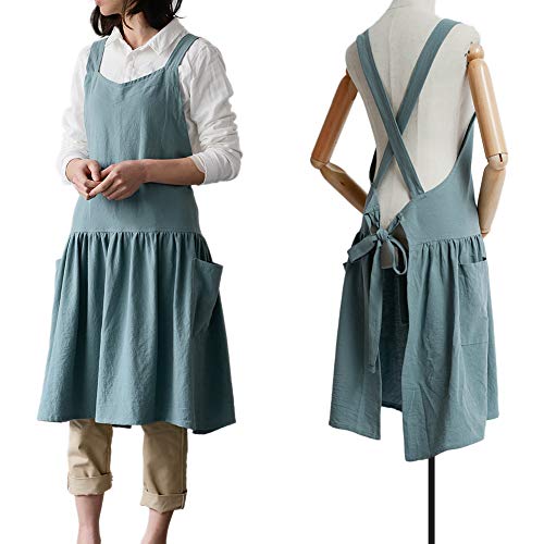 Japanese Cotton Cross Back Pinafore Apron for Women with Pockets Turquoise | NEWGEM, Cross-Back, Waist Ties, Cotton Linen, Apron Dress, Farm Work Apron for Kitchen Cooking, Baking, Gardening, Painting - color: 09 - Turquoise With Waist Ties
