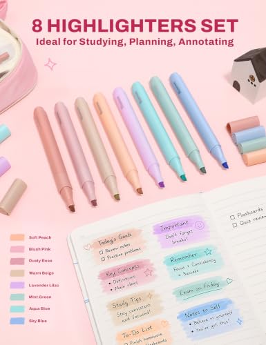 SUNEE Pencil Case with Supplies, 54PCS Aesthetic Stationery Set with 8 Pastel Highlighters, 8 Gel Pens Black Ink, 6 Mechanical Pencils, Back to School, College Essentials for Students, Pink - color: Pink, style: 54 Pack