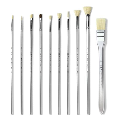 XDT#888 Artist Paint Brush 10 Piece Set Nylon & Hog Hair Extra Long Handle #1#2#3#4#5#6#7#8#9#10, Paint Brush for Acrylic & Oil & Watercolor Painting - color: Silver Hog 10pcs