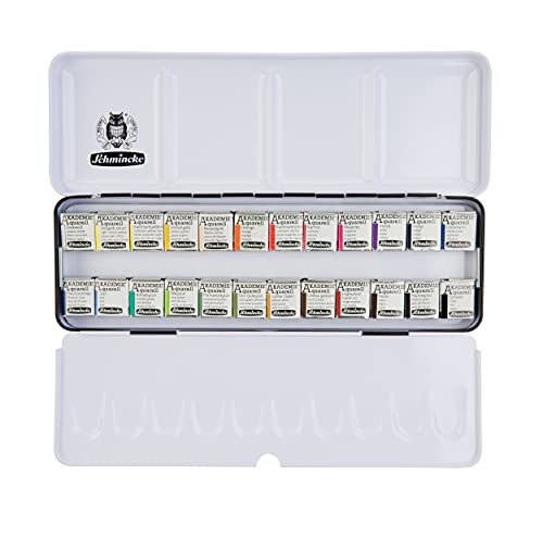 Schmincke - AKADEMIE®AQUARELL Watercolor Box, Full Assortment 24 x 1/2 Pans, 75 424 097, Metal Box, Highly lightfast Colors, fine Artists' Watercolors - size: 24 x 1/2 pans