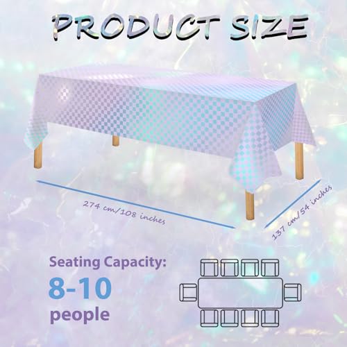OQOQ Light Purple Checkered Iridescent Tablecloth (4 Packs), 108x 54 Inches Laser Rectangular Plastic Table Cover Disposable Table Cloth Purple Birthday Music Birthday Princess Bachelorette Party - color: Light Purple Checkered