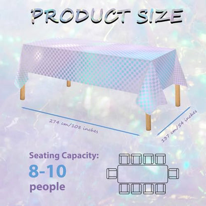 OQOQ Light Purple Checkered Iridescent Tablecloth (4 Packs), 108x 54 Inches Laser Rectangular Plastic Table Cover Disposable Table Cloth Purple Birthday Music Birthday Princess Bachelorette Party - color: Light Purple Checkered