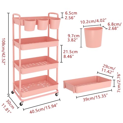 4-Tier Plastic Rolling Storage Cart Utility Cart with Extra Hanging Cups Handles Lockable Wheels for Living Room Bathroom Kitchen Office Pink | Utility Cart with Extra Hanging Cups Arc-Shaped Handles Lockable Wheels for Living Room Bathroom Kitchen Office